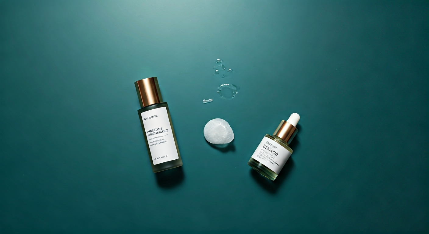 skincare routine flatlay with applied sheet mask and essence bottle