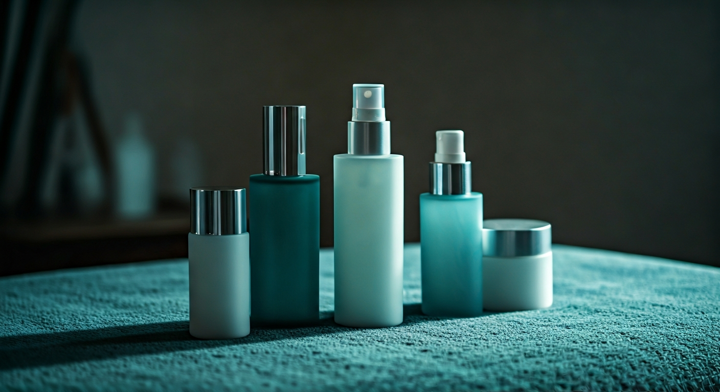 skincare products arranged on a treatment table, soft lighting