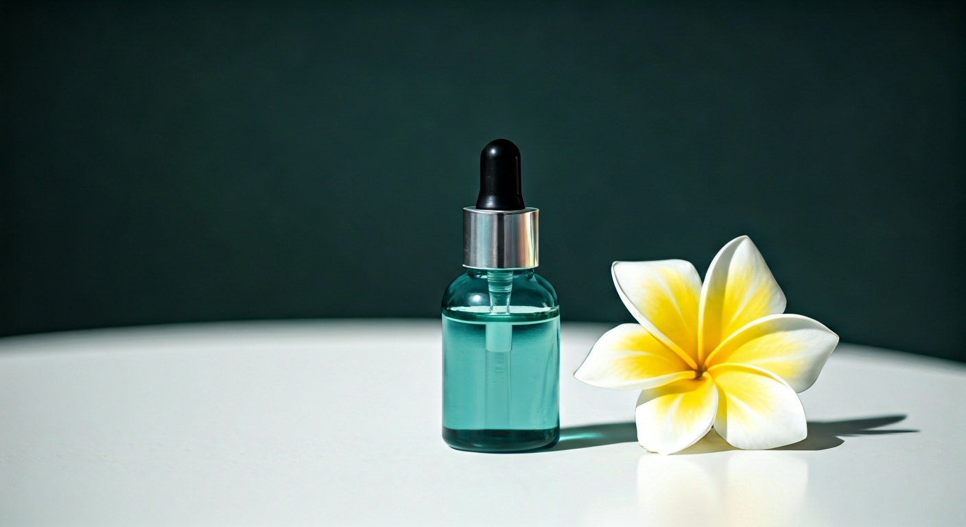 glass bottle of serum next to a fresh flower on a white table