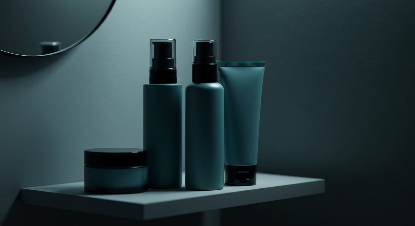 Minimalist men's skincare product bottles on a modern bathroom shelf