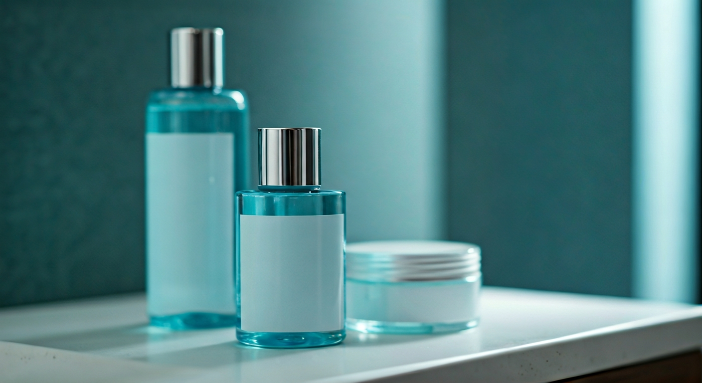 Men's face wash, toner, and moisturizer on a clean bathroom counter, soft light