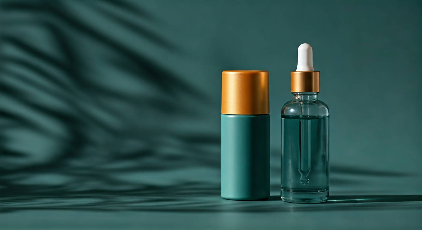Sunscreen bottle and serum dropper bottle, clear light, clean background