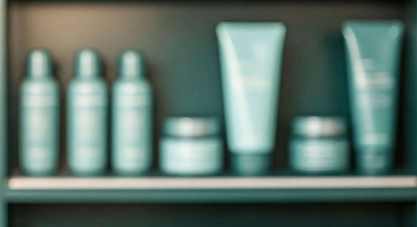 K-Beauty store shelf with various products, men's skincare section blurred background