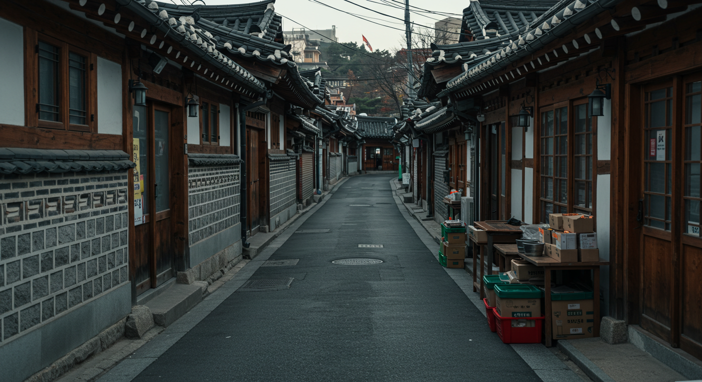 Seoul street, quiet morning, traditional buildings, no people, calming