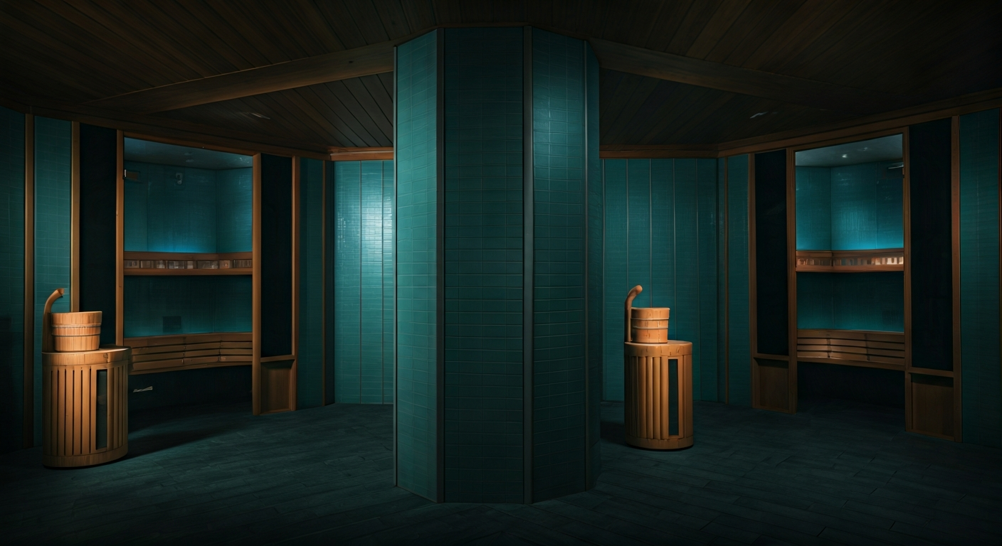 Traditional Korean jjimjilbang interior, saunas, steam rooms, empty, clean, wood accents