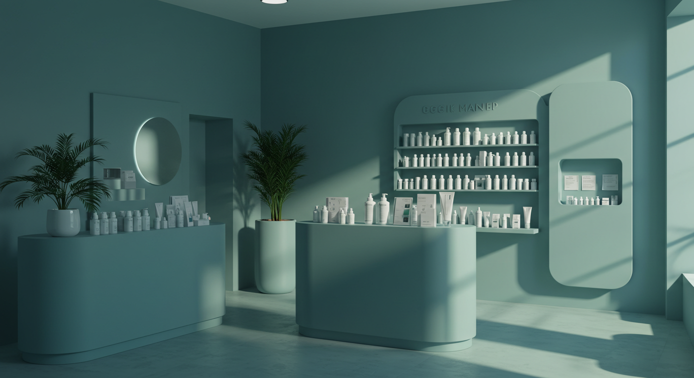 Modern aesthetic clinic waiting area, minimalist design, elegant, no people, clean lines