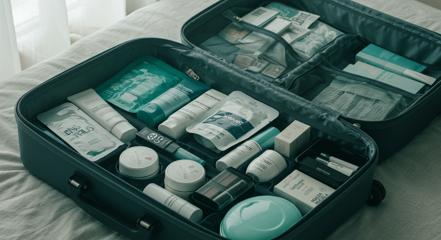 Travel suitcase open, Korean skincare, makeup, masks, neatly packed