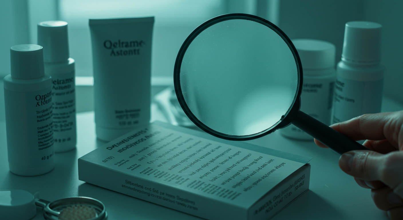 magnifying glass hovering over a list of cosmetic ingredients on a product box