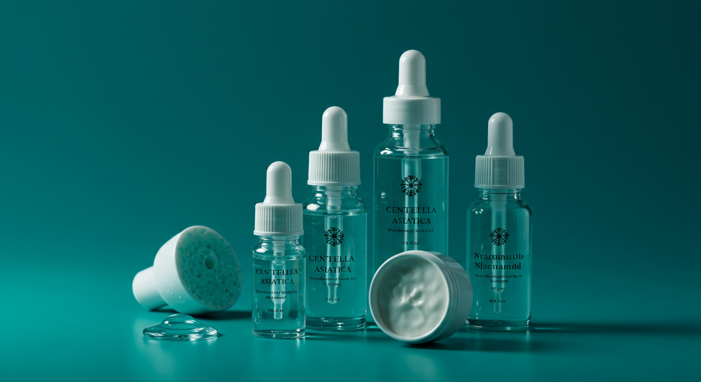 bottles of popular skincare ingredients like Centella Asiatica, Hyaluronic Acid, Niacinamide