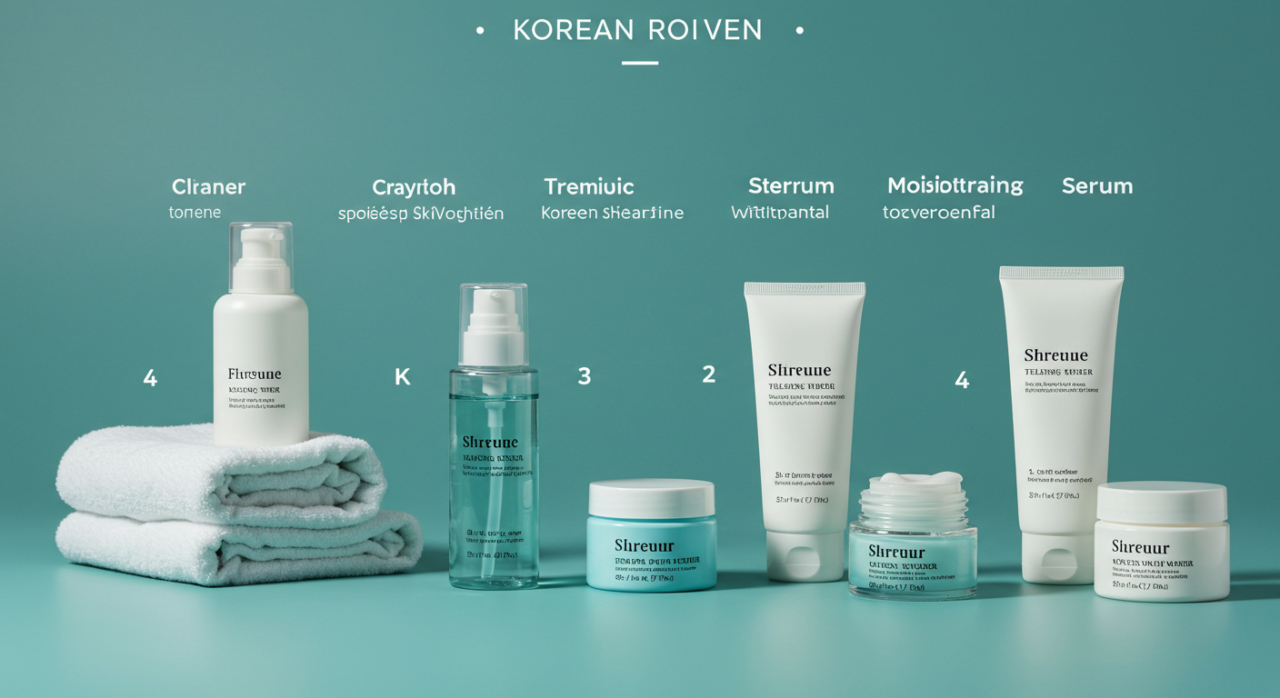 graphic showing the steps of a typical Korean skincare routine (cleanser, toner, serum, moisturizer)