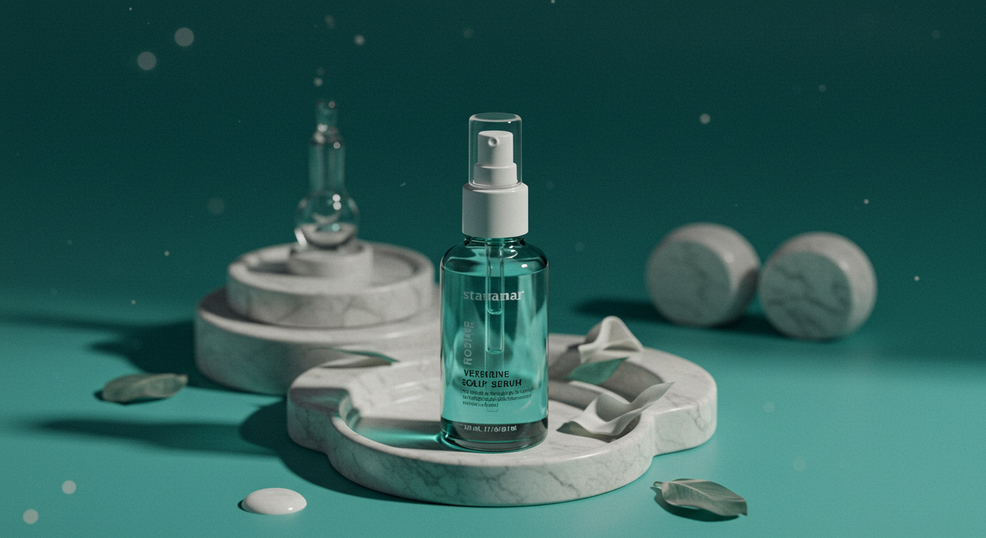 aesthetic close-up of a glass bottle with scalp serum, soft lighting