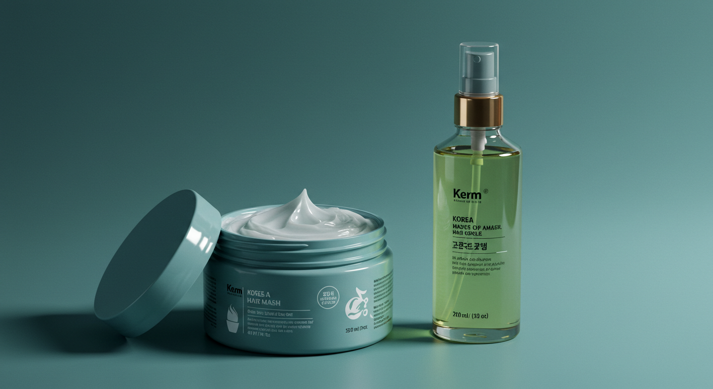 korean hair mask in a tub, next to a hair oil bottle, clean background