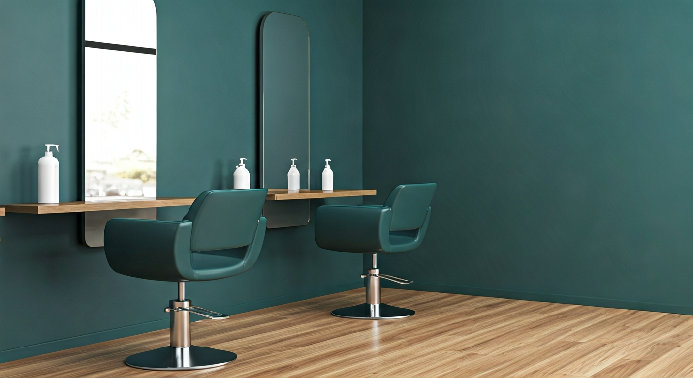 modern hair salon interior with comfortable chairs, no people
