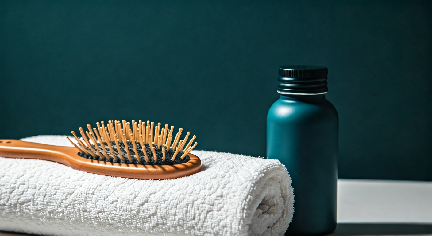 hair brush with soft bristles on a white towel, minimalist