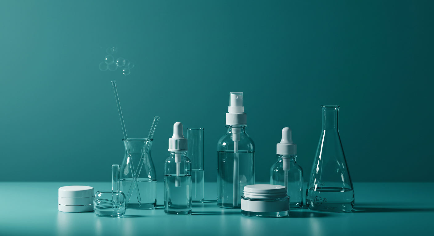 scientific lab equipment with cosmetic packaging, clean aesthetic