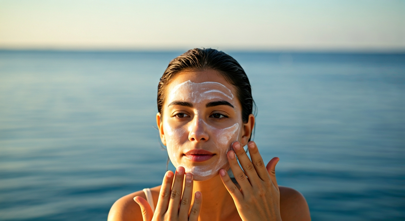 person applying sunscreen on face, blurred background, no face shown