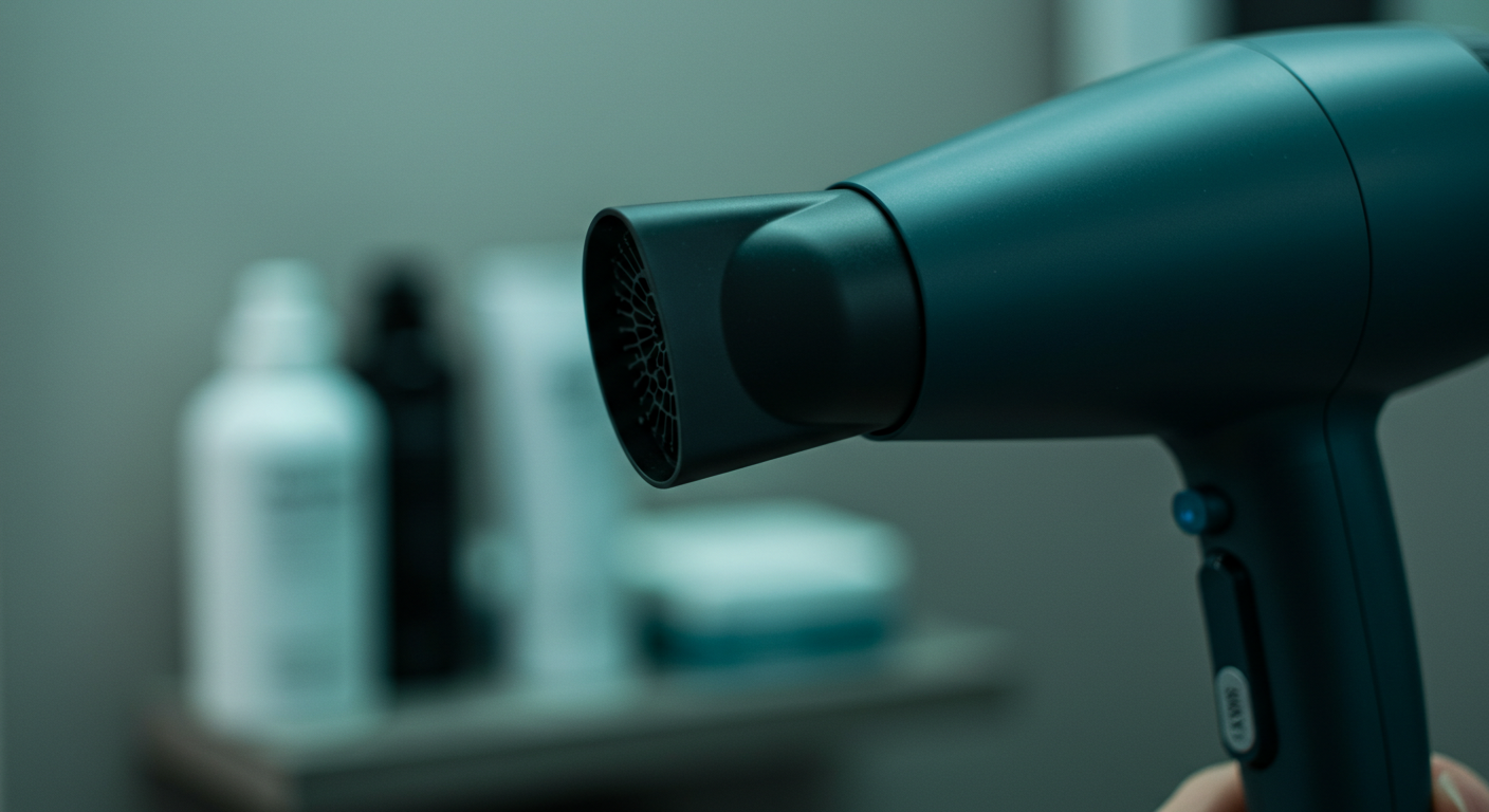 close-up of advanced hair dryer nozzle, blurred technology background, no hands