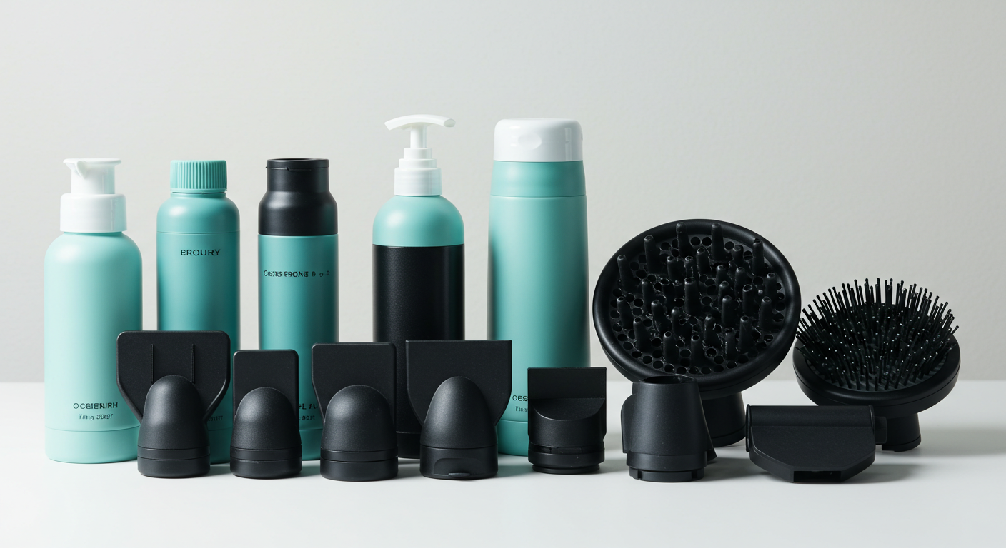 various hair dryer attachments and diffusers arranged neatly, white background