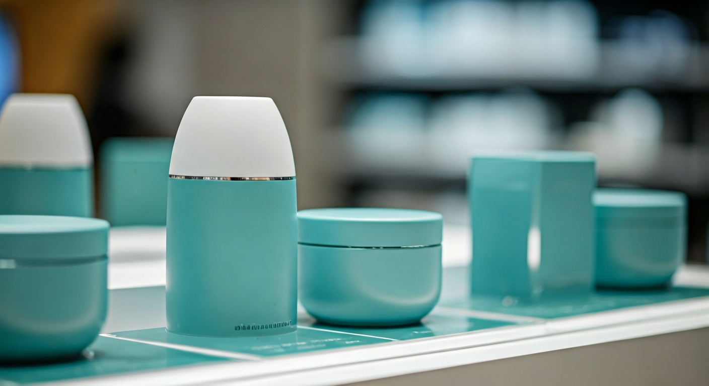 modern beauty appliance display in a brightly lit Korean department store, no people