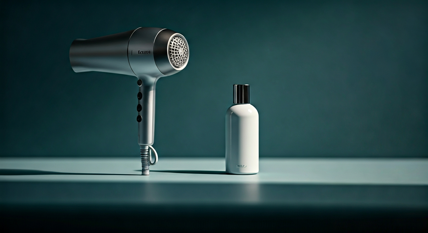 sleek, silver high-tech hair dryer on a vanity, soft lighting, no hands
