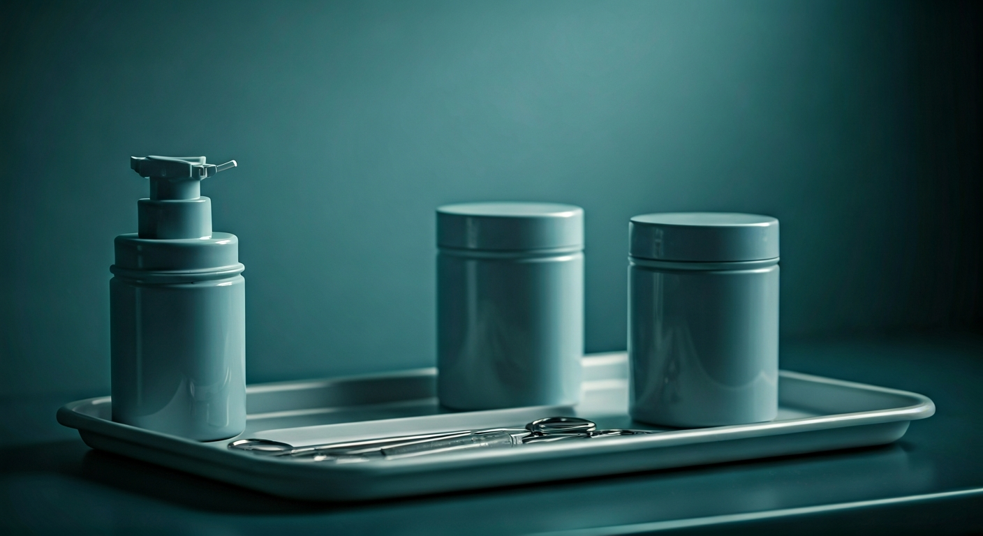 sterile medical tools on a tray, clean environment, no people