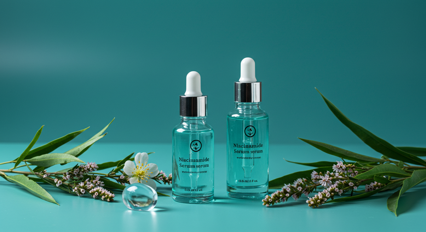 niacinamide serum bottle with botanical elements