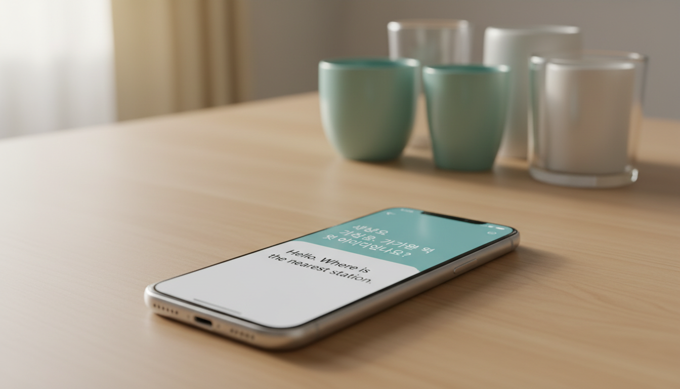 phone screen with language translation app, korean text