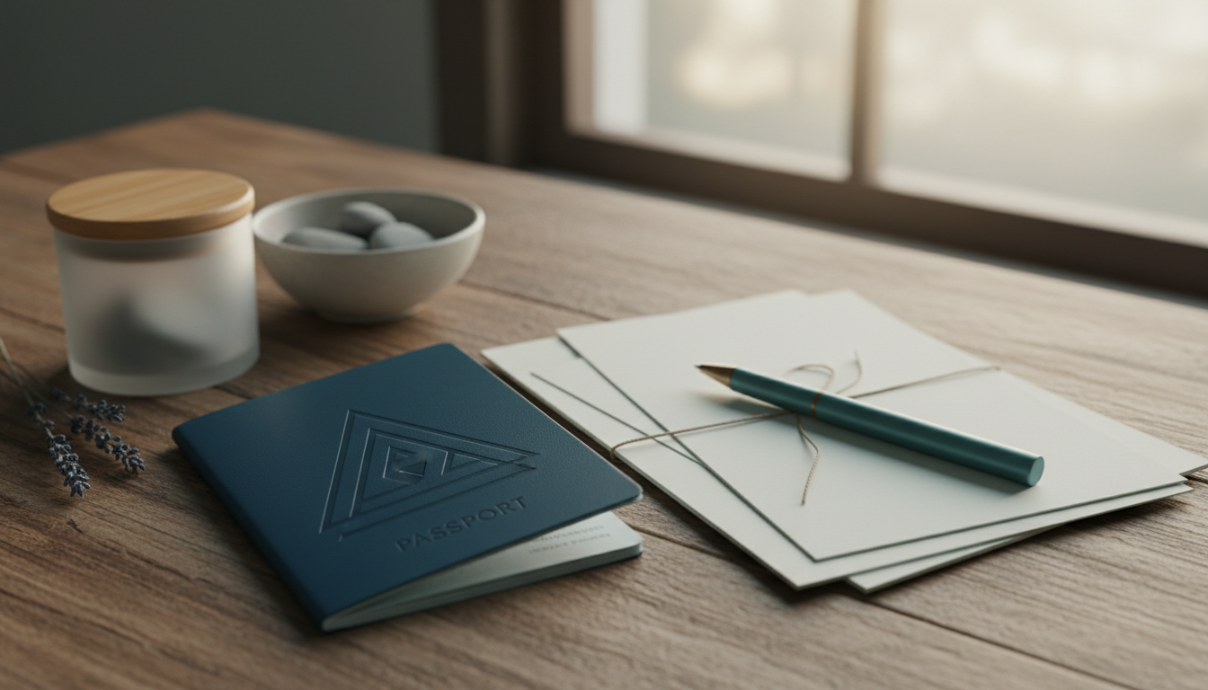 documents, passport and pen on a table, no people