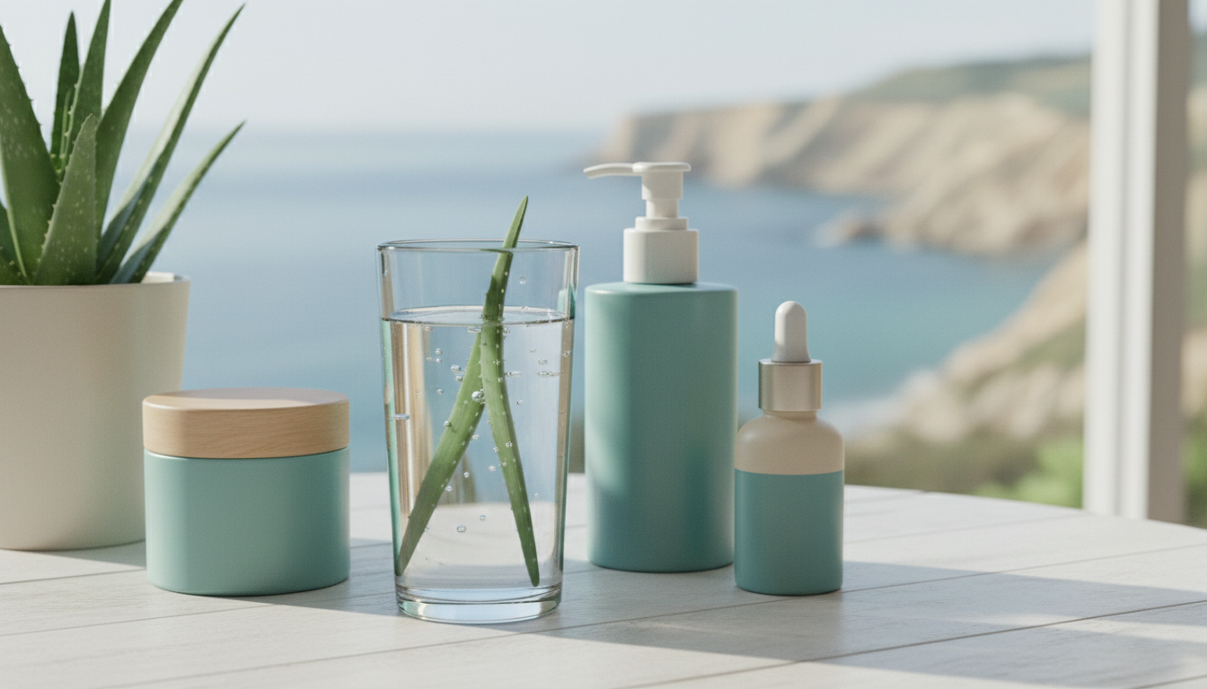glass of water with aloe vera plant and gentle skincare products, no people