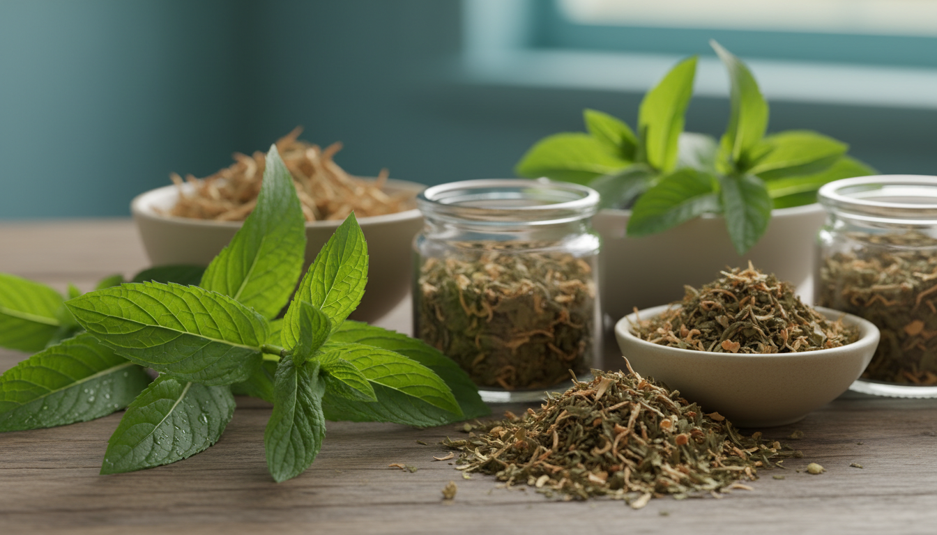 close up shot of fresh spearmint leaves and dried spearmint tea, green and brown tones
