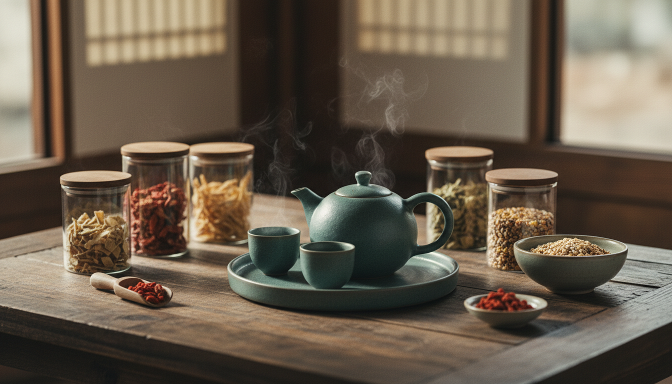 traditional Korean herbal tea with teaware on a wooden table, warm lighting