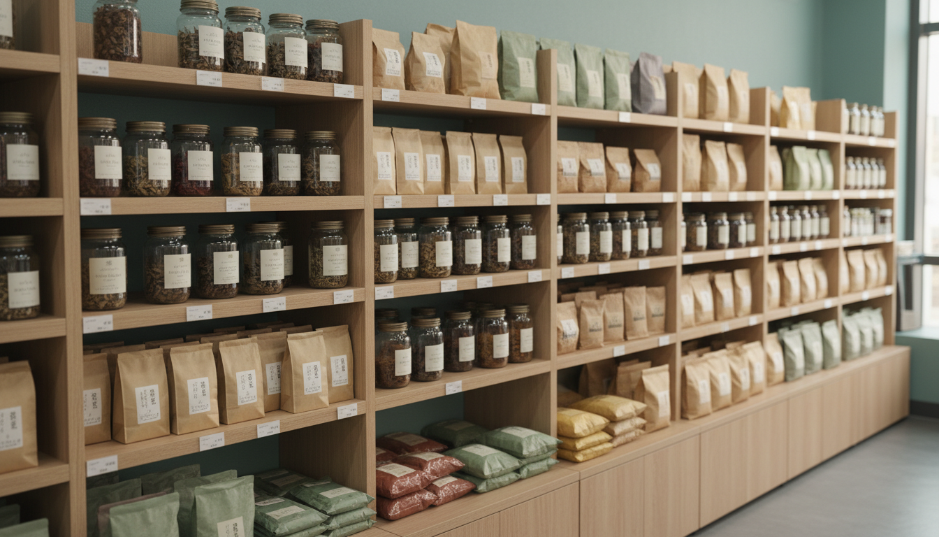 korean grocery store aisle with various herbal teas and health foods, no people
