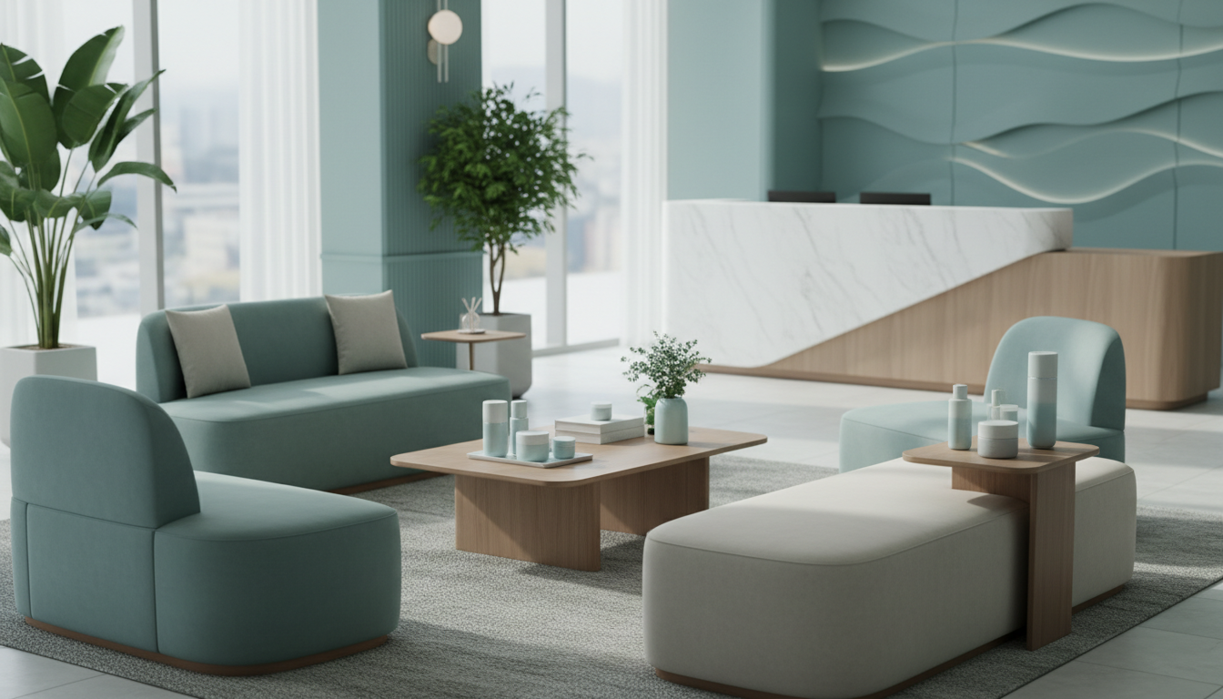 modern Korean dermatology clinic lobby interior with elegant furniture, no people