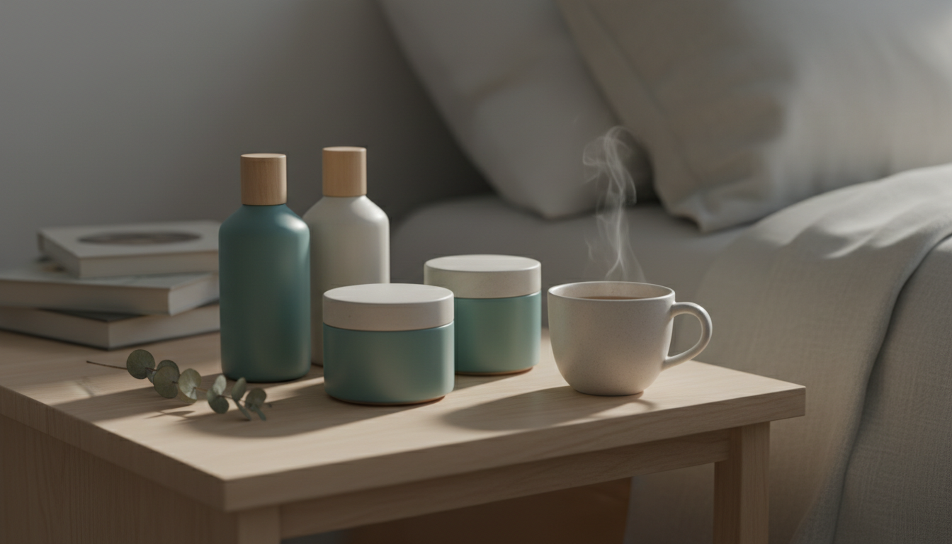 calming skincare products and a teacup on a bedside table with soft lighting, minimalist aesthetic