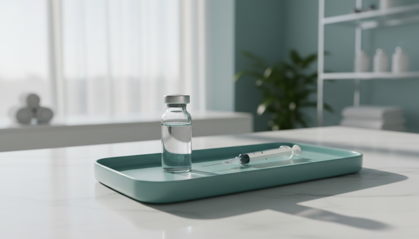 botox vial and medical instrument close-up, no brand logos, sterile environment