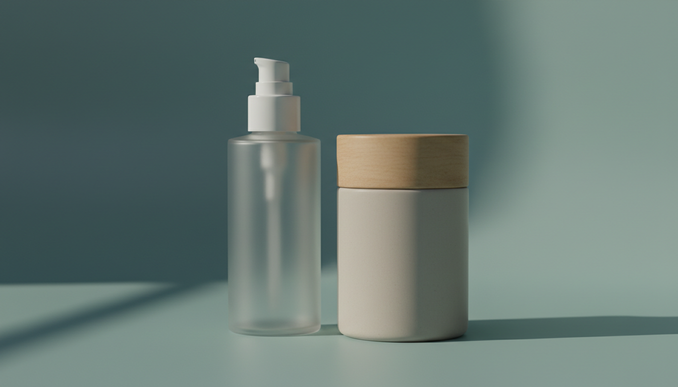 two different skincare bottles side by side on a minimalist background, representing choice