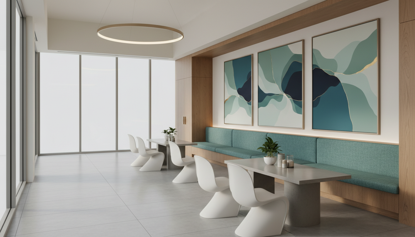 modern, clean clinic waiting area with abstract art, no people