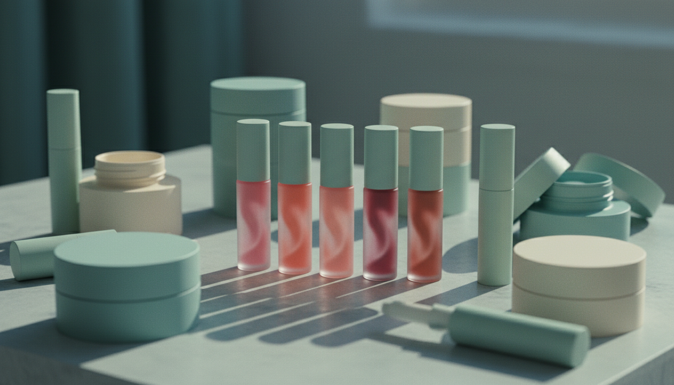 korean makeup products arranged, focus on lip tints in soft, blurred shades, no human hands