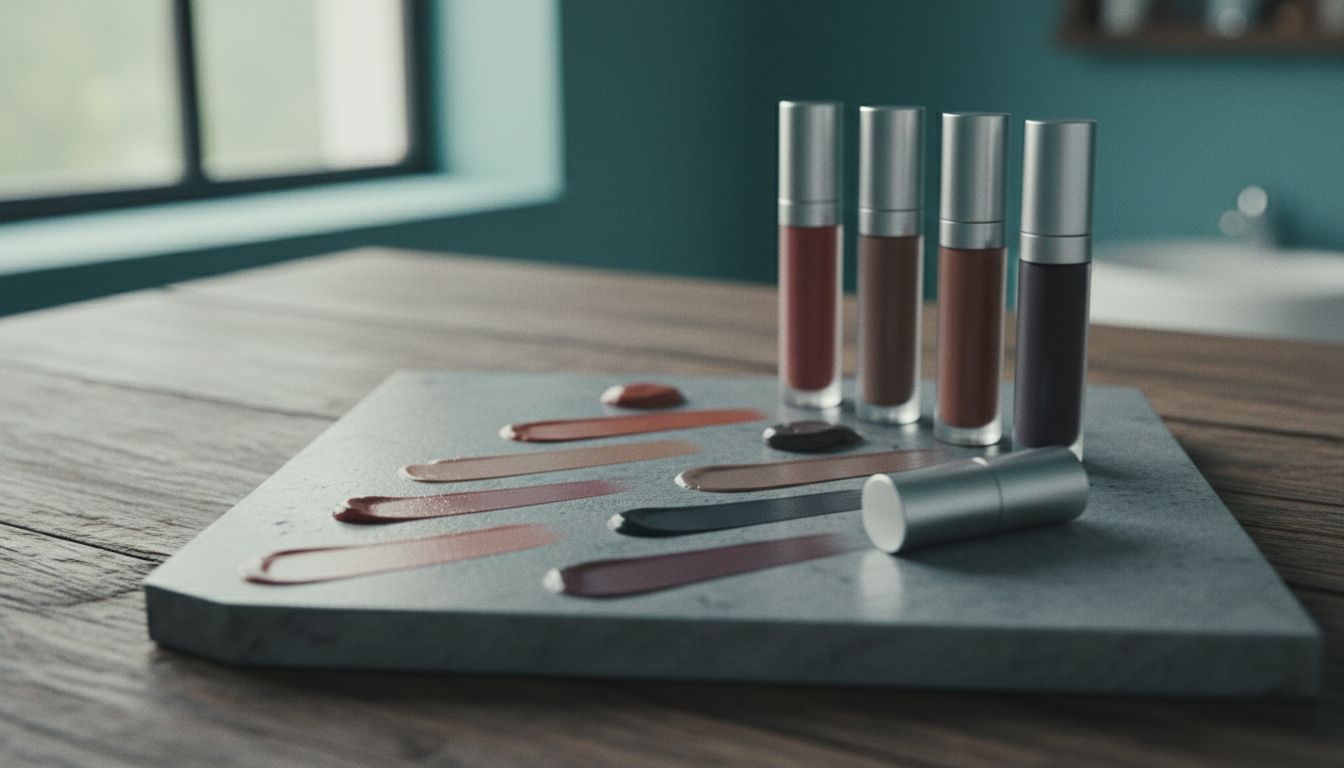 liquid lipstick swatches, diverse muted tones, elegant presentation