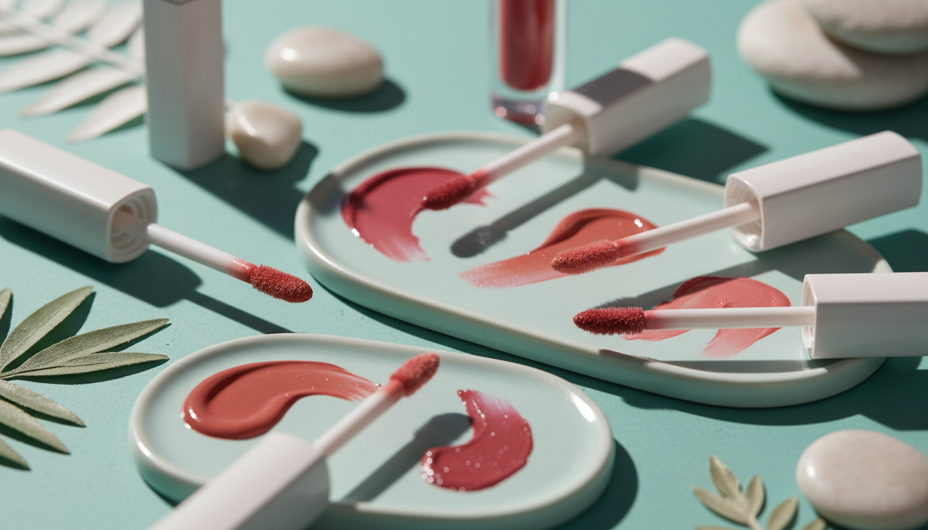 close-up of various K-Beauty liquid lipstick applicators and textures, no human hands