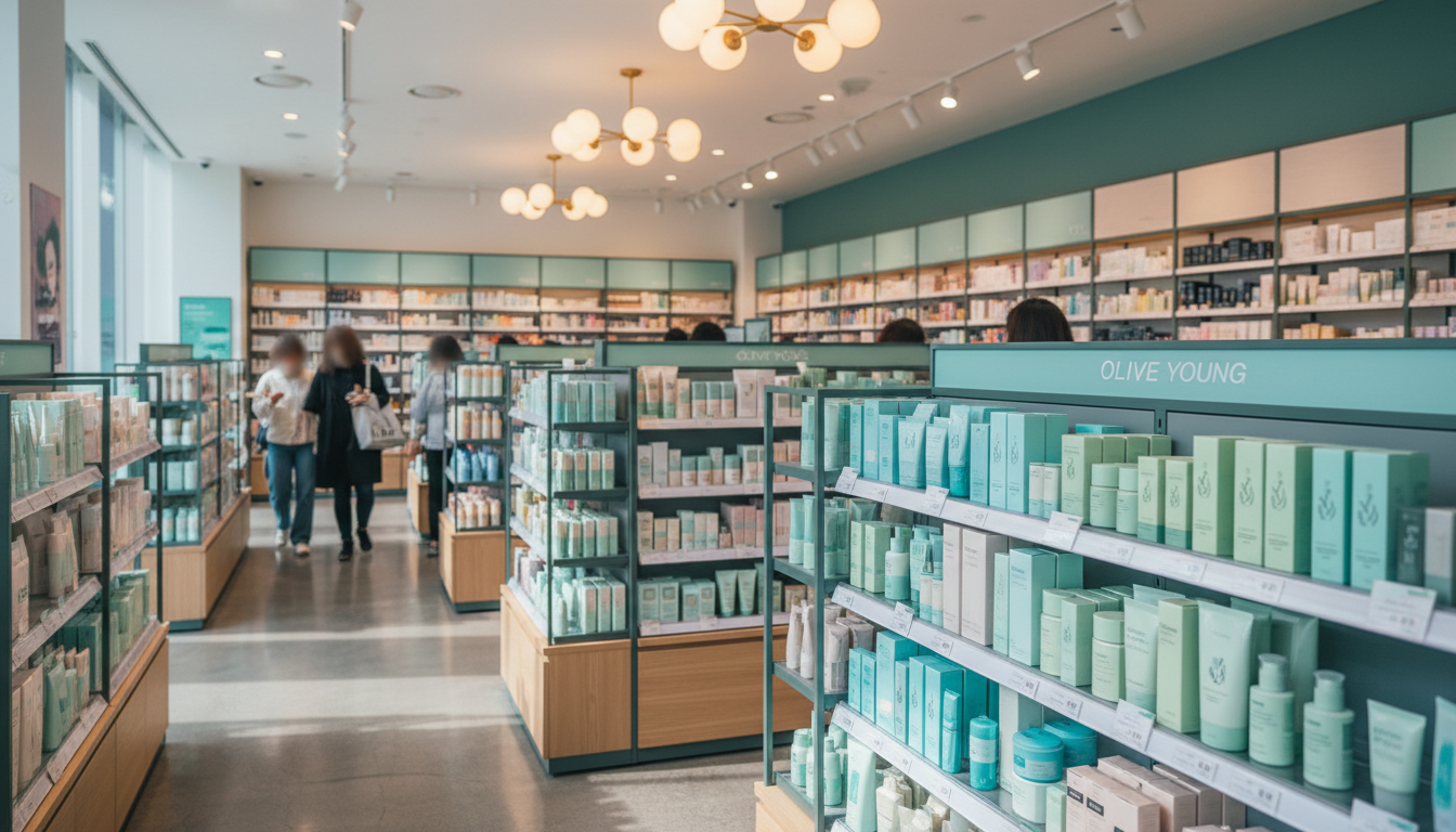 interior view of a bustling Olive Young store in Myeongdong, clear aisles, no people's faces, warm lighting