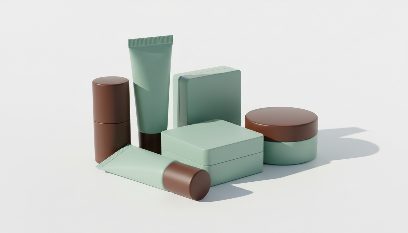 mint green and chocolate brown makeup products on a white background
