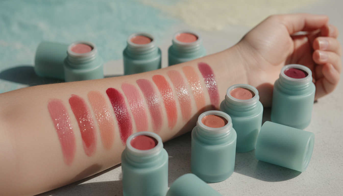 swatches of lip tints on an arm, showing various shades and textures