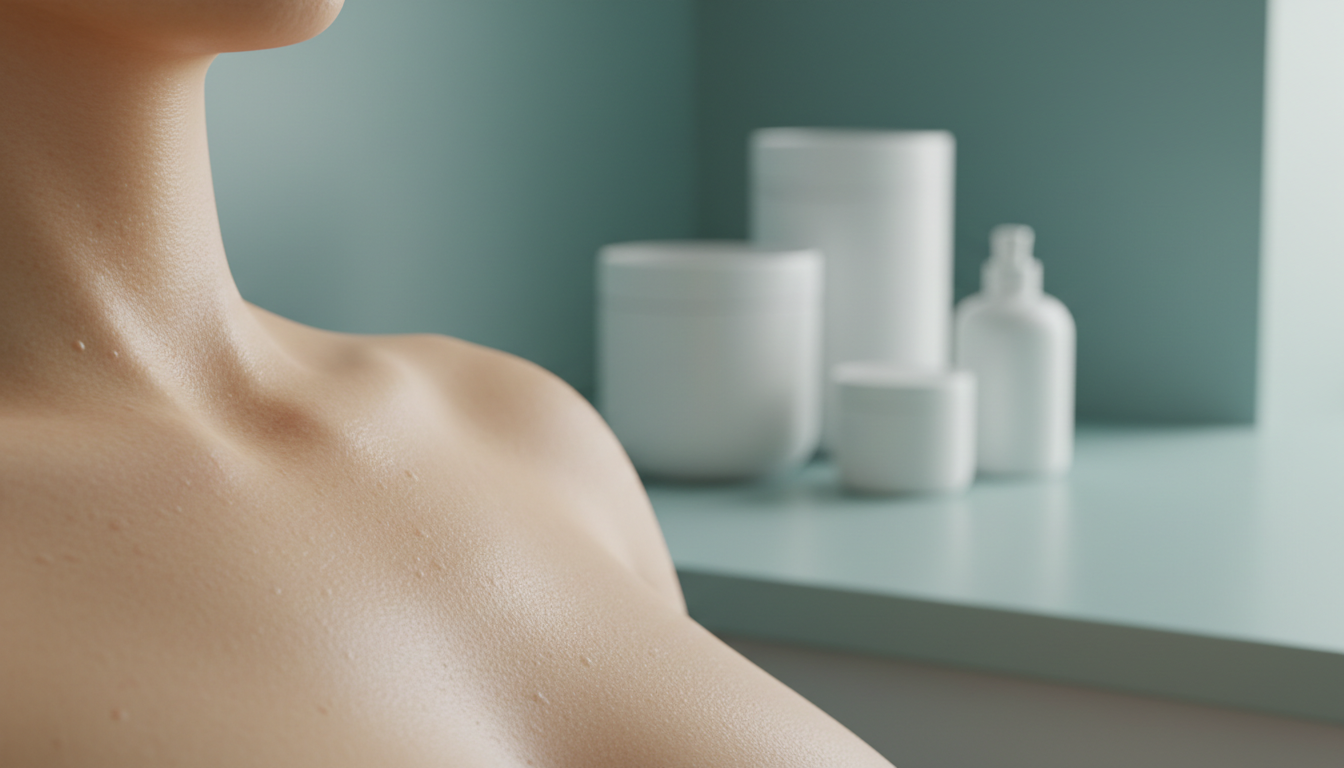 close up of skin with visible pores and slight sheen, clinical setting