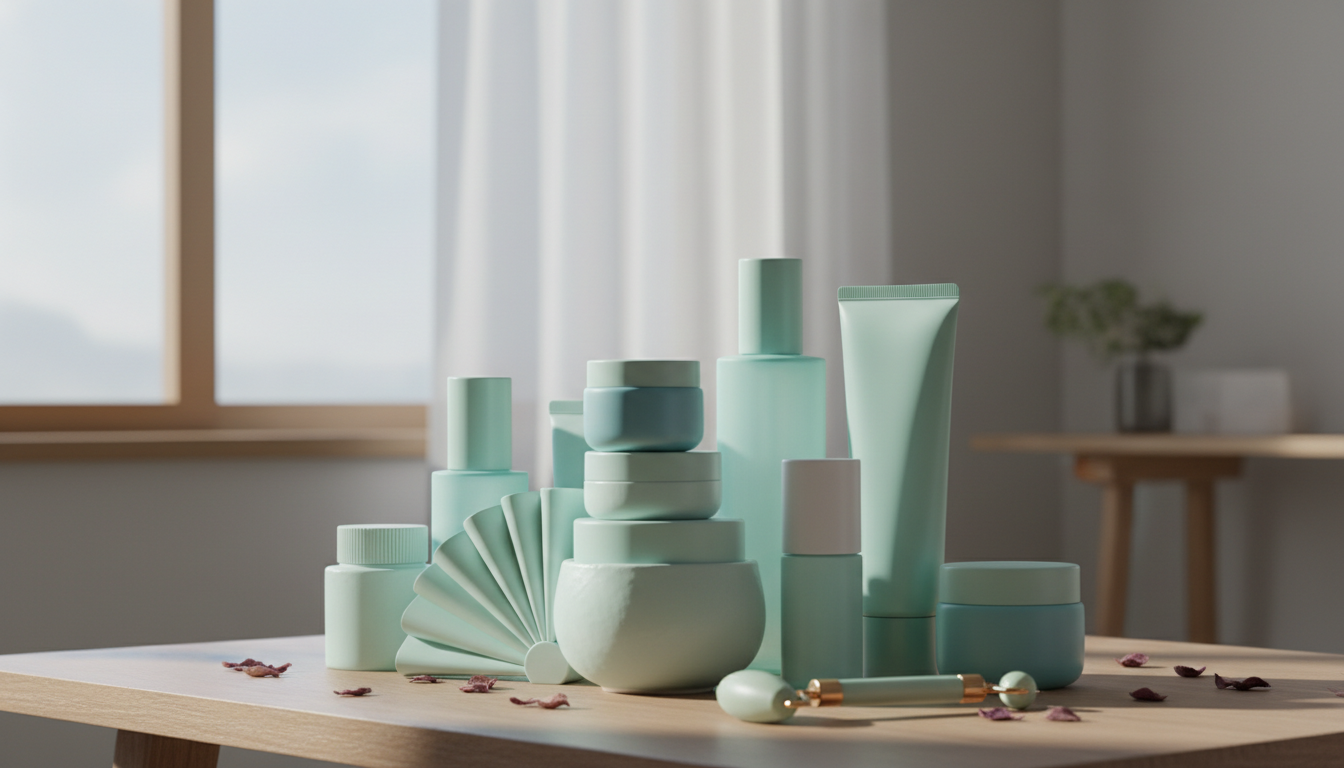 layered korean skincare products on a vanity