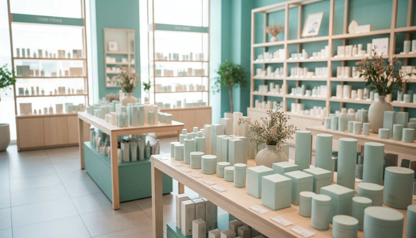 interior of a brightly lit Korean beauty store like Olive Young