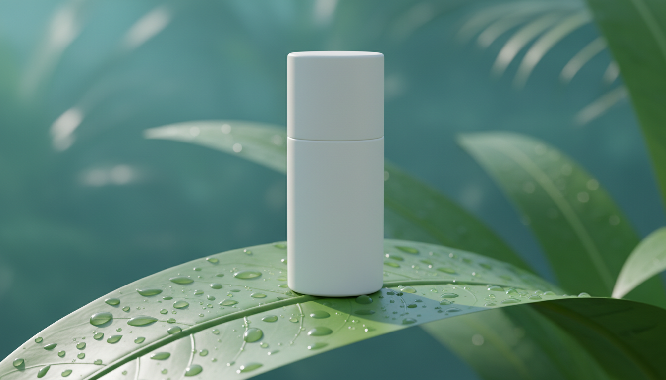 korean sunscreen bottle on a dewy leaf, soft light, no hands