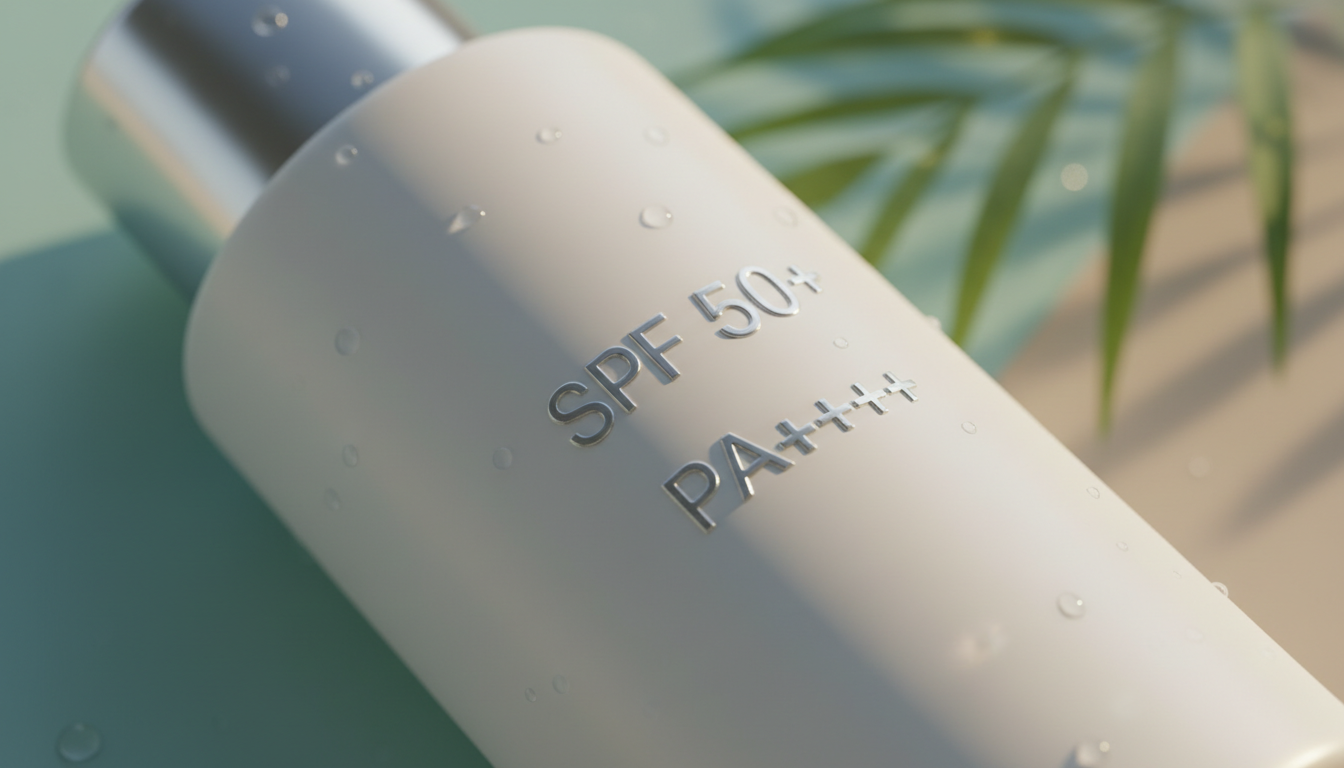 close-up of SPF and PA symbols on a sunscreen bottle, macro shot