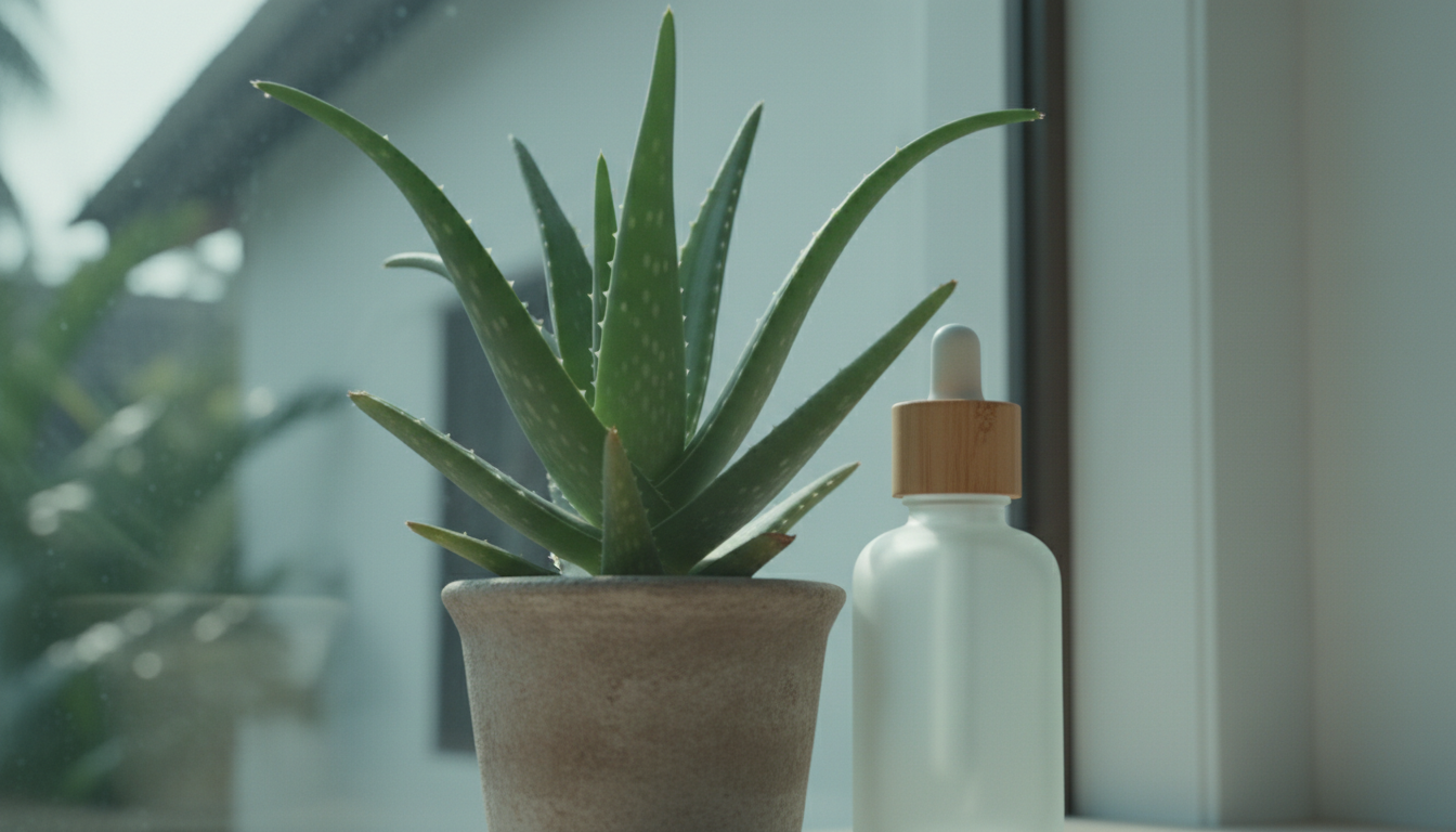 aloe vera plant and a cosmetic bottle, natural light