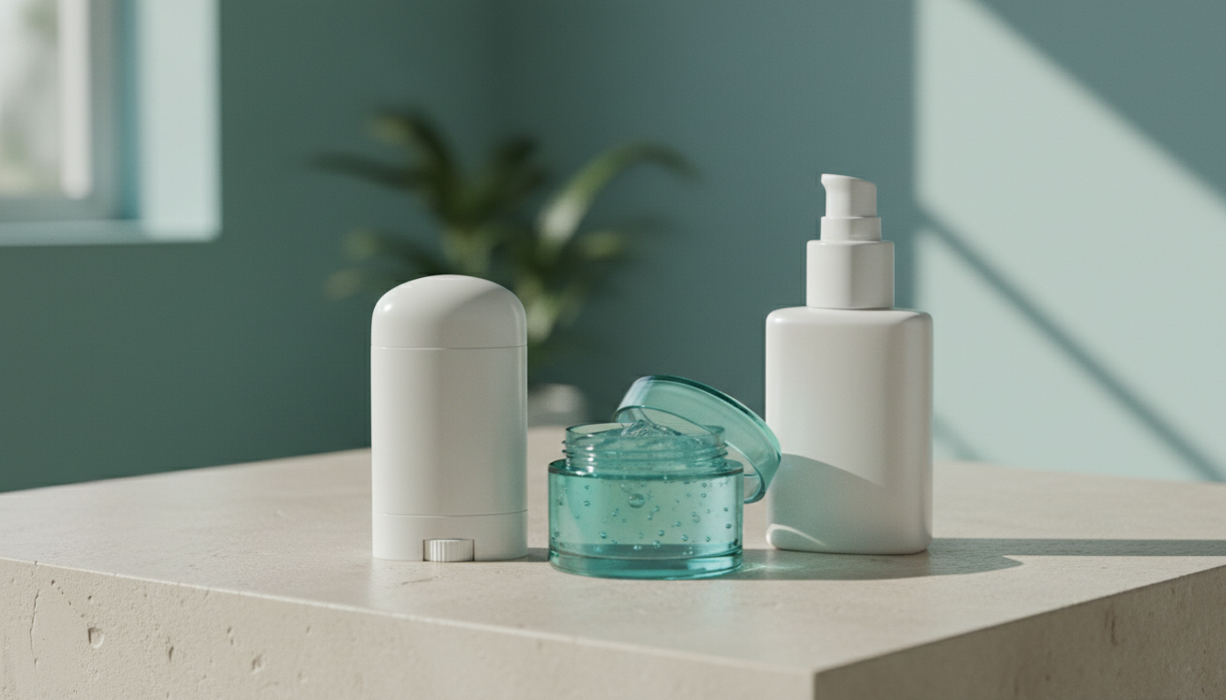 various korean sunscreen types (stick, gel, cream) on a light surface, clean aesthetic